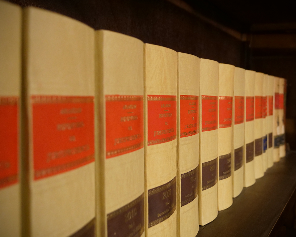 Libros sobre repertorio de jurisprudencia en una estantería de la biblioteca de la Facultad de Derecho