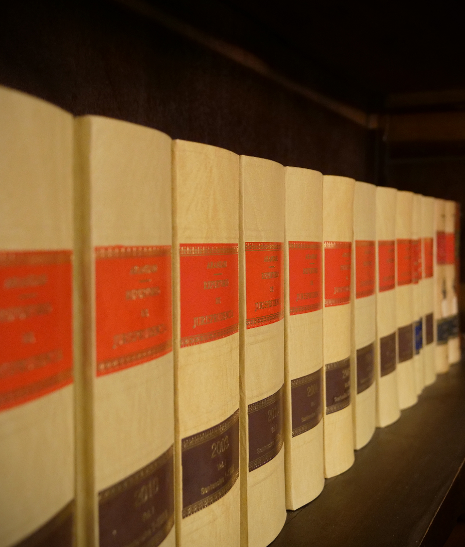 Libros sobre repertorio de jurisprudencia en una estantería de la biblioteca de la Facultad de Derecho